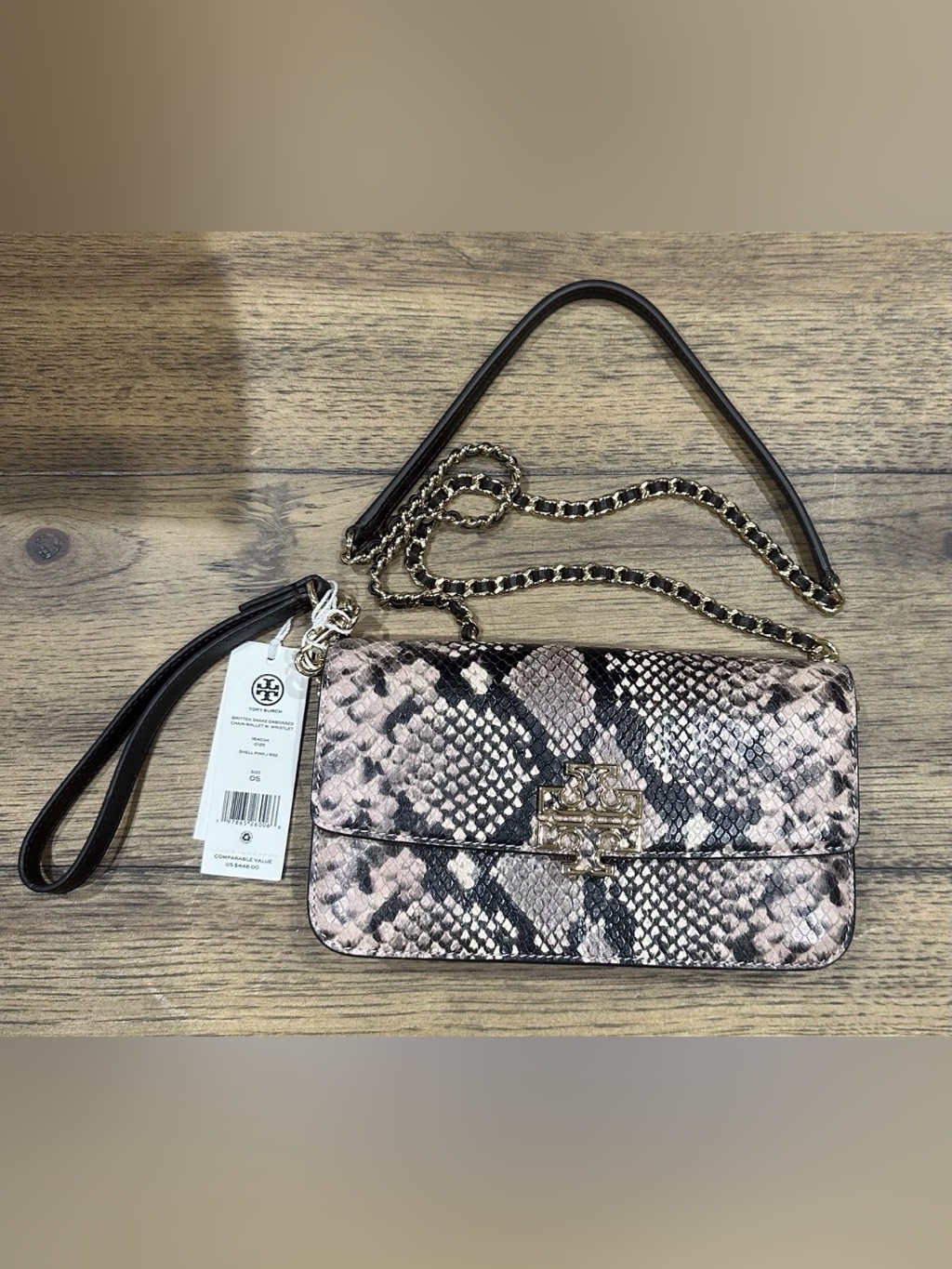 Nwt: Tory Burch Britten Snake Embossed Chain Wallet W. Wristlet